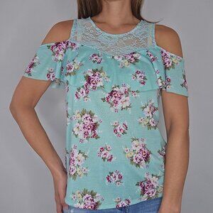 Joe Boxer Floral Cold Shoulder Lace Top with Ruffle and Lace Details Size Medium